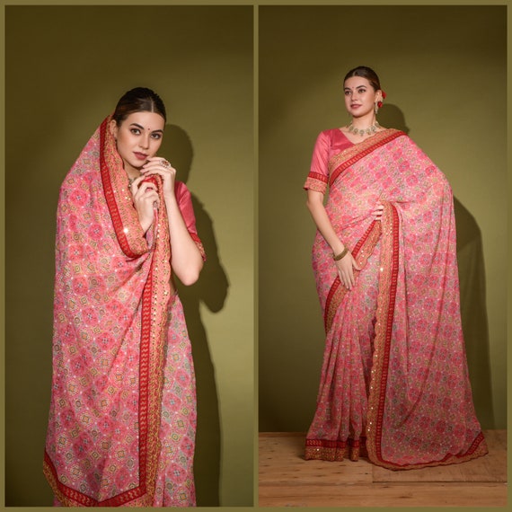Pink Color Patola Print Chiffon Saree With Sequence and Jaquard Work Lace  Saree Blouse Collection for Women by Vastra Designer -  Canada
