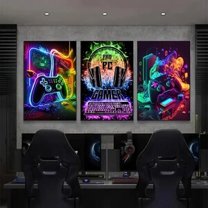 Väggkonst för spel, set med 3, neonfärgade spelrumsdekorationer, posters med spelkontroller, PC-speldekorationer, orammade tryck för tonårspojkars sovrum