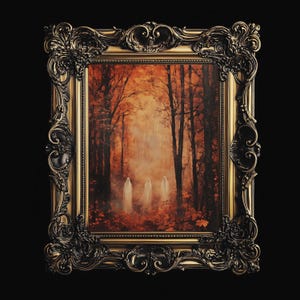 Drei Geister im Herbstwald Digitale Wandkunst, gruseliges Herbst-Halloween zum Ausdrucken, Haunted Woods Gothic Decor für Witchy Wall