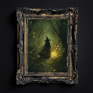 Witch in Enchanted Forest Digital Wall Art, Dark Fantasy Woodland Print, Mystical Green Witch Poster, Magical Home Decor