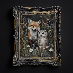 Póster de zorro y búho entre flores silvestres, arte mural rústico oscuro, póster rústico, pintura de búho y zorro, impresión en lienzo sin marco