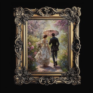 Passeie por um pôster de jardim vitoriano, pôster romântico, pintura a óleo vitoriana, arte de parede de amor, impressão em tela sem moldura