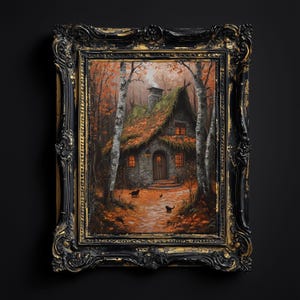 Witch Cottage Wall Art Print, Autumn Forest Digital Painting, Cozy Gothic Cabin with Cats, Fairytale Halloween Decor