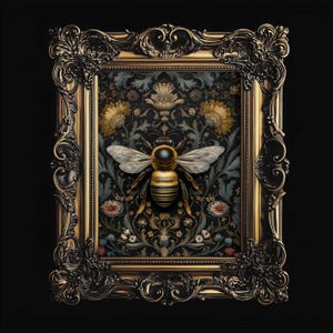 Vintage Bee and Floral Botanical Wall Art Print, Dark Academia Insect Poster, Victorian Nature Digital Download for Home Decor