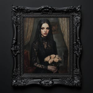 Ritratto di sposa gotica, arte murale digitale, donna romantica e oscura che tiene in mano delle rose, stampabile estetica del lutto vittoriano