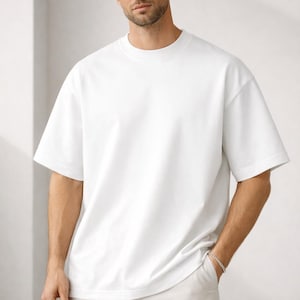 Zwaar oversized wit T-shirt voor heren – 100% katoenen dik premium T-shirt, onbedrukte losvallende streetwear-top, zwaar katoenen shirt