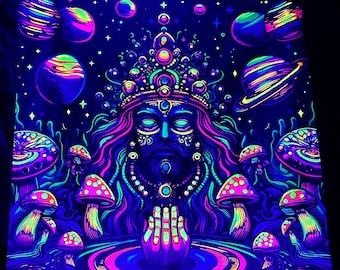 Neon Backdrop / Hindu Guru Show Me the Way / UV Reactive Wall Tapestry, Tribal, Blacklight, Trippy Wall Art Hang Backdrop