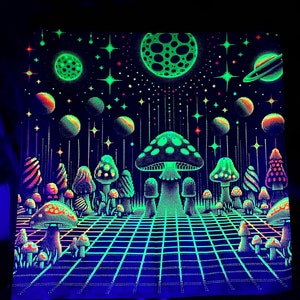 May include: A black tapestry with a psychedelic design featuring glowing green mushrooms, planets, and stars against a black background. The mushrooms are arranged in a grid pattern with a glowing green grid in the foreground.