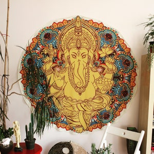 Yellow Ganesha Circle Bohemian Psychedelic Ethnic Tapestry, Backdrop, Wallhanging, Psy Trance, High Quality, Indian God,