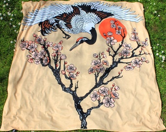 Japanese Crane Bird & Sakura Tree, Bohemian Psychedelic Tapestry, Backdrop, Wallhanging, Psy Trance, High Quality (NEW PRODUCT)