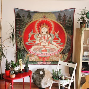 China Buddhism God Avalokitesvara Bohemian Psychedelic Tapestry, Backdrop, Wallhanging, Psy Trance, High Quality