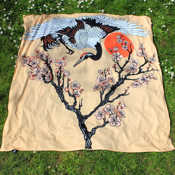 Japanese Crane Bird & Sakura Tree, Bohemian Psychedelic Tapestry, Backdrop, Wallhanging, Psy Trance, High Quality (NEW PRODUCT)