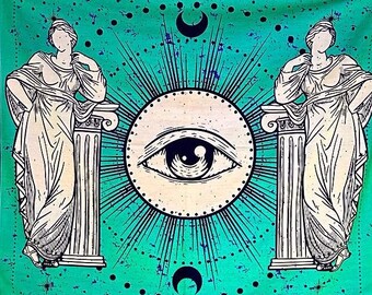 Tapiz de neón UV / El ojo que ilumina el pasado / Tapiz psicodélico reactivo, tribal, luz negra, brillante, psicodélico, fluorescente.
