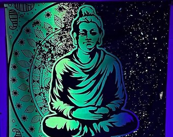 PSY ART Tapestry / Buddha in the Cosmos / Psychedelic UV Reactive Wall Tapestry, Tribal, Blacklight, Shine, Trippy Fluorescent Wall Hanging