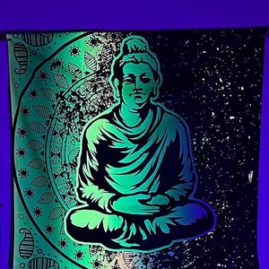 PSY ART Tapestry / Buddha in the Cosmos / Psychedelic UV Reactive Wall Tapestry, Tribal, Blacklight, Shine, Trippy Fluorescent Wall Hanging