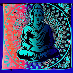 UV Reactive Neon Tapestry / Buddha Illuminates the Darkness / Psychedelic, Tribal, Blacklight, Trippy Art Wall Hanging Backdrop