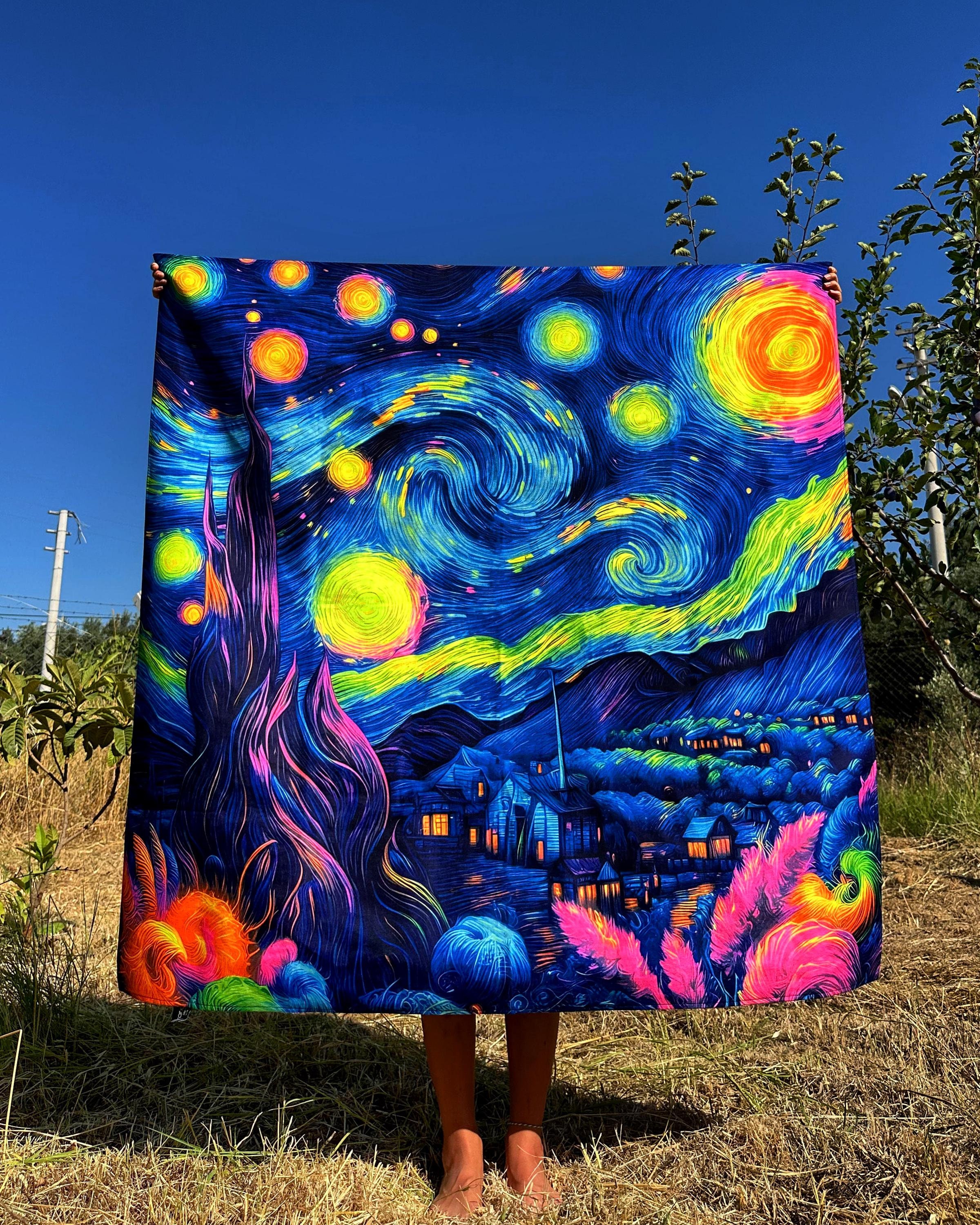 UV GLOW Tapestry / Neon Starry Night - Van Gogh / UV Reactive Wall