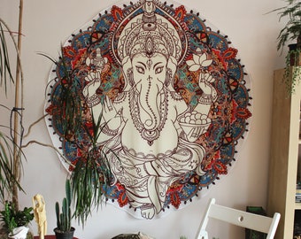 Beige Ganesha Circle Bohemian Psychedelic Ethnic Tapestry, Backdrop, Wallhanging, Psy Trance, High Quality, Indian God