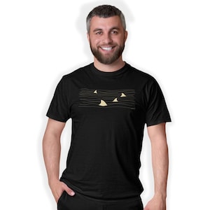 Shark Fins Line Art Hand Printed T-Shirt Sea Great White Sharks Birthday Gift