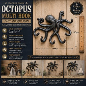 Octopus Medium Heavy Wall Hook Rack Coat, Lead, Bag & Key Hanger with Cast Iron 6 Hooks
