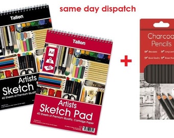 A4 Artist Sketch Drawing Book Pad 40 Sheets 90gsm + Charcoal Pencils Set