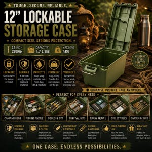 May include: An olive green 290mm lockable storage case with a 4.7-litre capacity. The case is durable, portable, and versatile, with a secure latch. It is ideal for camping gear, fishing tackle, tools, survival kits, and more. The text on the case reads: "Tough. Secure. Reliable."