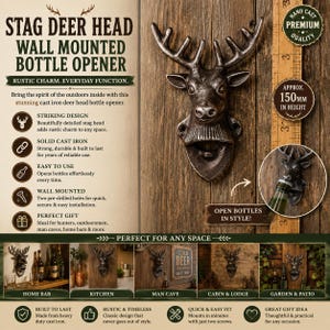May include: A dark grey cast iron stag deer head bottle opener, designed for wall mounting. The opener is approximately 15 cm in height. It is a rustic item, suitable for various spaces, including home bars and kitchens, and is easy to install.