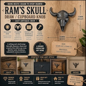 May include: A cast antique iron drawer and cupboard knob shaped like a ram's skull. The knob measures 80mm in width and 70mm in height. The dark metal finish features detailed textures of the skull, horns, and eye sockets for a functional hardware piece.