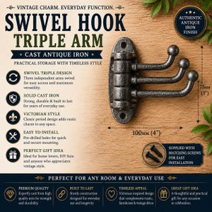 May include: Antique iron swivel hook with three arms, 10 cm wide and 7.5 cm high. Features a Victorian style design. Includes mounting screws for easy installation. The text reads "SWIVEL HOOK TRIPLE ARM".