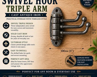 Könnte beinhalten: Antiker Dreifach-Schwenkhaken aus Eisen, 10 cm breit und 7,5 cm hoch. Verfügt über ein Design im viktorianischen Stil. Inklusive Montageschrauben für eine einfache Installation. Der Text lautet "SWIVEL HOOK TRIPLE ARM".