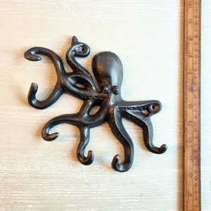 Octopus Large Wall Multi Hook Rack Coat, Lead, Bag & Key Hanger in Cast Iron 6 Hooks