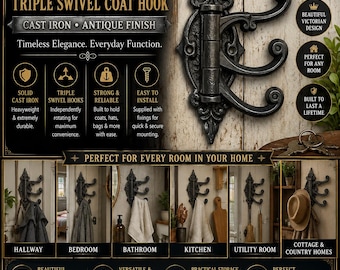 Cast Iron Triple Swivel Coat Hook ALEXANDRA Antique Iron 6" / 150mm