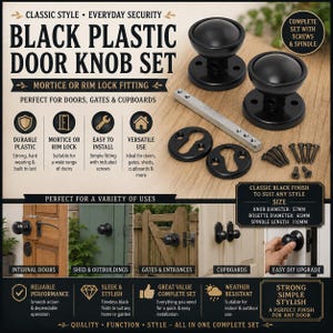 May include: A black plastic door knob set featuring two round knobs, two rosettes, a metal spindle, and mounting screws. Text on the image includes "Black Plastic Door Knob Set," "Knob Diameter: 57mm," "Rosette Diameter: 65mm," and "Spindle Length: 110mm."