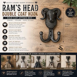 May include: Antique iron ram's head double coat hook. The hook is 11.2 cm tall and 70 mm wide, with two hooks. The design features a ram's head with detailed horns. Includes mounting screws for easy installation.
