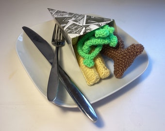 Kids Fish Chips & Peas - knitted role play foods