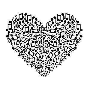 May include: Black and white illustration of a heart shape made up of musical notes.