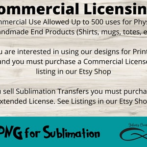 May include: Image with text about commercial licensing for handmade products, print-on-demand, and sublimation transfers. The text includes information on allowed uses and the need for licenses. The bottom of the image says "PNG for Sublimation".