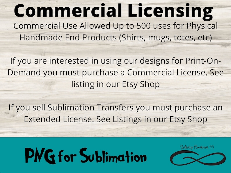 May include: Image with text about commercial licensing for handmade products, print-on-demand, and sublimation transfers. The text includes information on allowed uses and the need for licenses. The bottom of the image says "PNG for Sublimation".