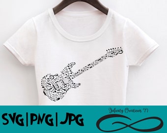 May include: A white t-shirt with a black graphic of an electric guitar made of musical notes. The text "SVG | PNG | JPG" is at the bottom of the image. The text "Infinity Creations 99" is at the bottom right of the image with an infinity symbol.