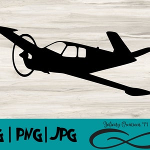 May include: Black silhouette of a small airplane with a propeller on a white woodgrain background. The text "SVG | PNG | JPG" is at the bottom of the image.