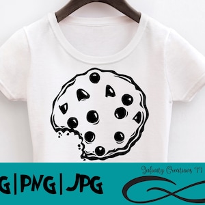 May include: A white t-shirt featuring a black and white outline of a chocolate chip cookie with a bite taken out of it. The text "SVG | PNG | JPG" is at the bottom of the image. The text "Infinity Creations 99" is at the bottom right of the image with an infinity symbol.