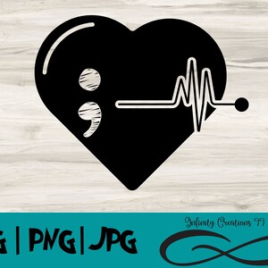 May include: Black and white graphic of a heart with a semicolon and a heartbeat line. The graphic is on a woodgrain background.