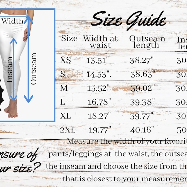 Size Chart for Printify's Women's Cut & Sew Casual Leggings, Printify All over Print Size Chart, Size Chart, Printify Size Guide