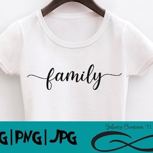 May include: White t-shirt with the word "family" written in a cursive font on the front. The text is in black. The t-shirt is on a white background.