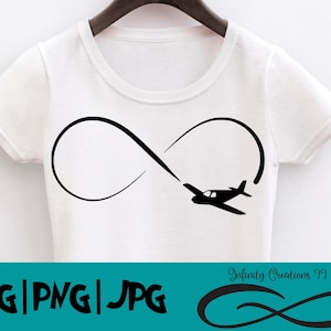 May include: A white t-shirt with a black infinity symbol and a small airplane flying through the loop. The text "SVG | PNG | JPG" is at the bottom of the image. The text "Infinity Creations 99" is at the bottom right of the image with a black infinity symbol below it.