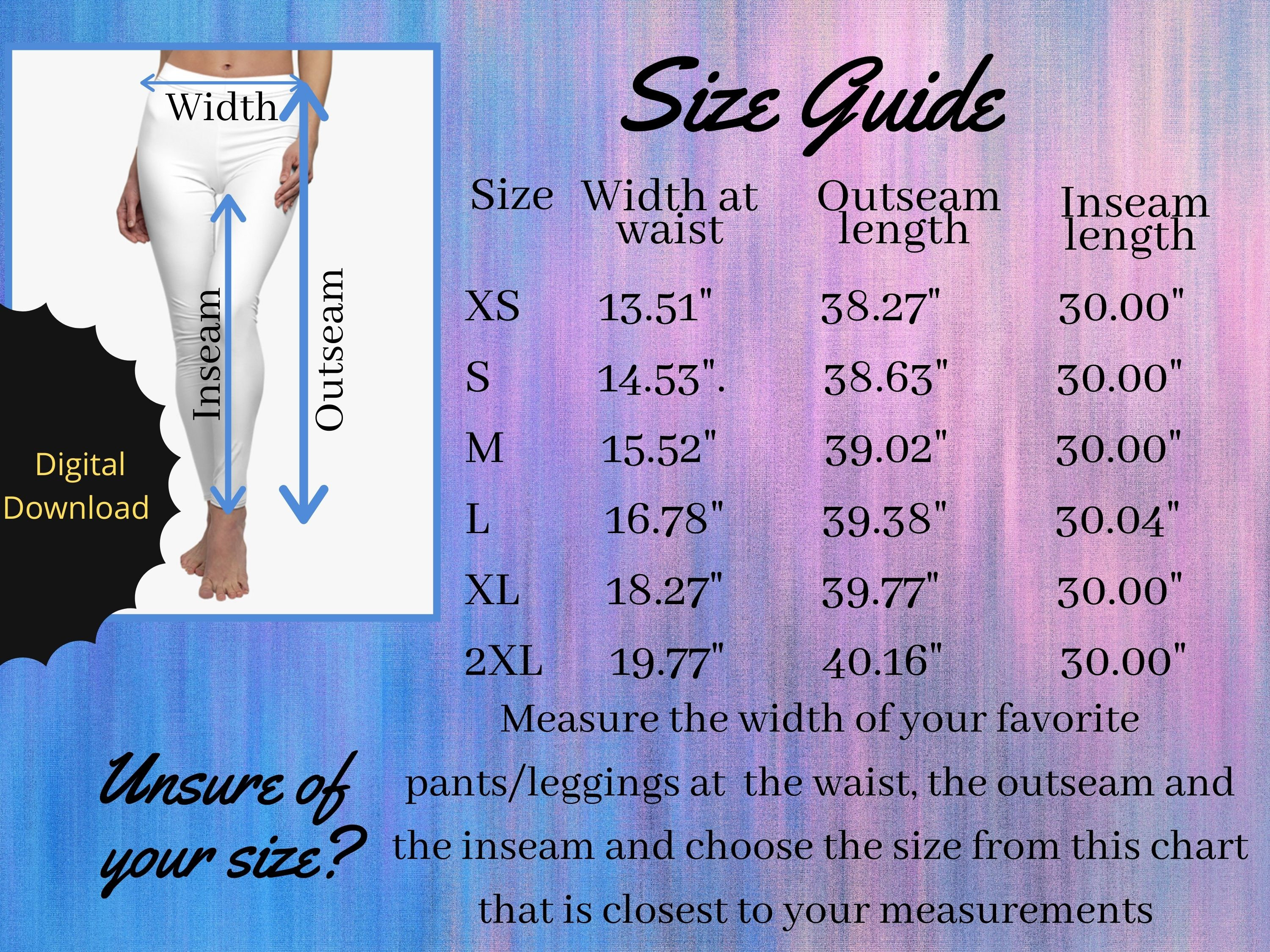 Size Chart for Printify's Women's Cut & Sew Casual Leggings