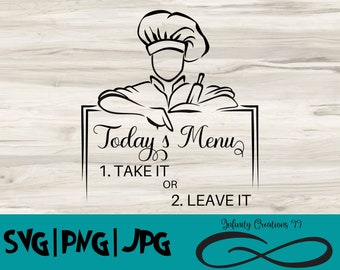 Today's Menu digital file, SVG, PNG, JPG, chef svg, chef hat svg, spatula svg, Cut file for Cricut, Silhouette, cook svg, cooking svg, food