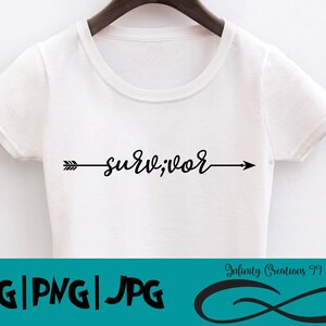 May include: White t-shirt with a black arrow and the word "survivor" written in cursive.