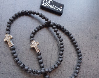 Delicate bracelet with lava stone beads and rhinestone cross from the jewelry label DRAHTORIA