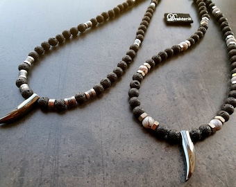 Cool summer necklace for men with lava stone beads and hematite from the jewelry label DRAHTORIA